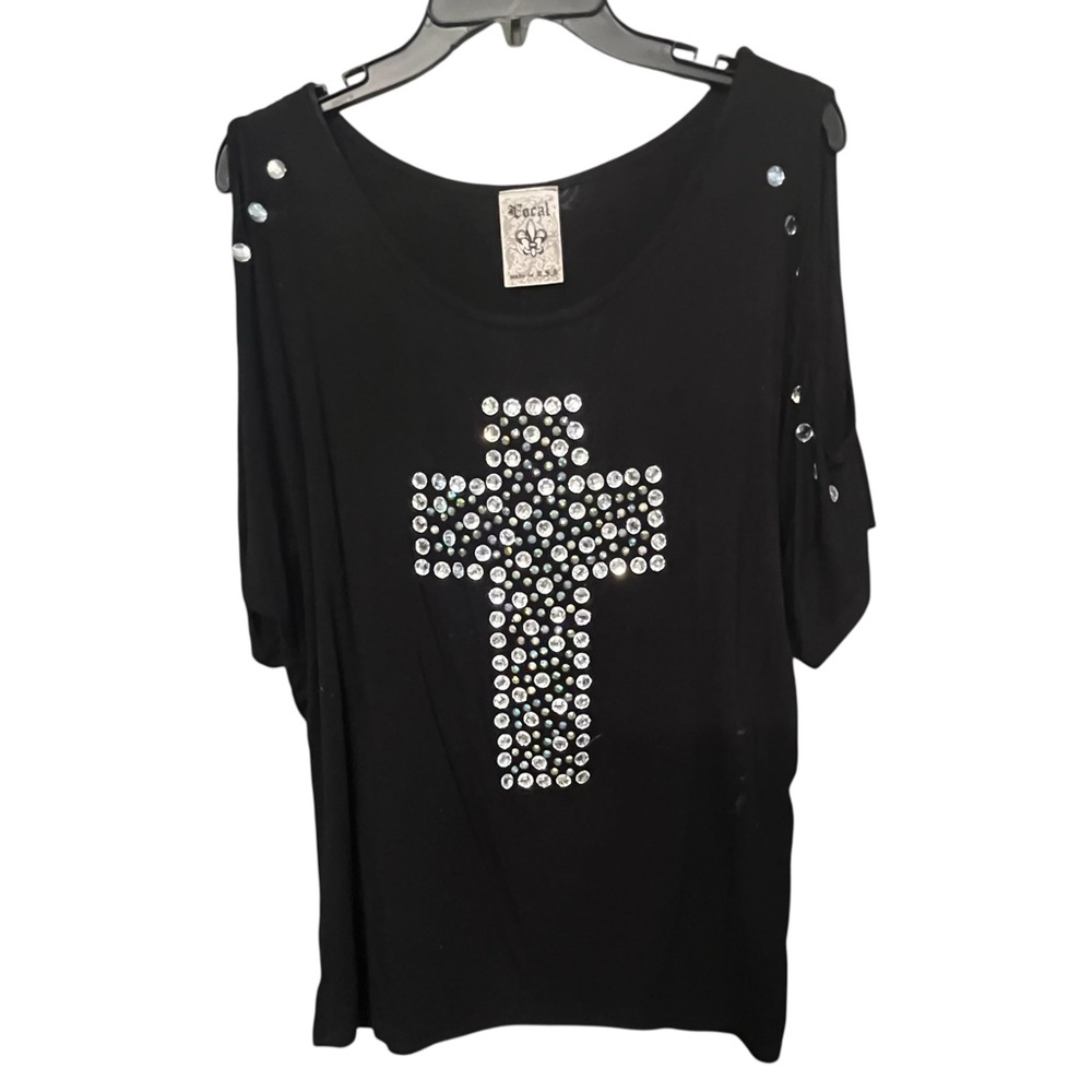 Vocal size large black cold shoulder T- shirt embellished scoop neck